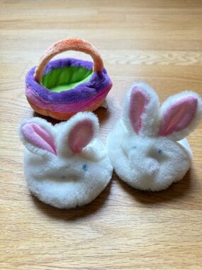 Build-A-Bear White Bunny Plush Slippers with Easter Basket.